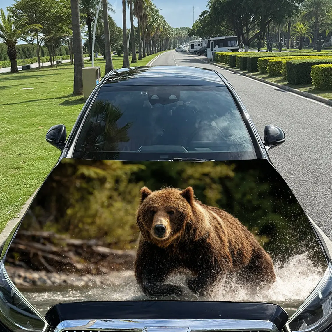 

Running Brown Bear Car Hood Vinyl Wraps, PVC Waterproof Car Bonnet Decals, Self-Adhesive Scratch-Resistant Stickers For Engine C