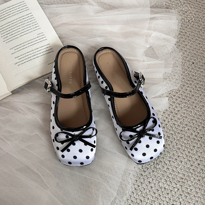 Bows Sweet Tempest Point Mary Jane Shoes Women's 2026 Summer New Style Square Toe Thick Sole Head Cover Slippers