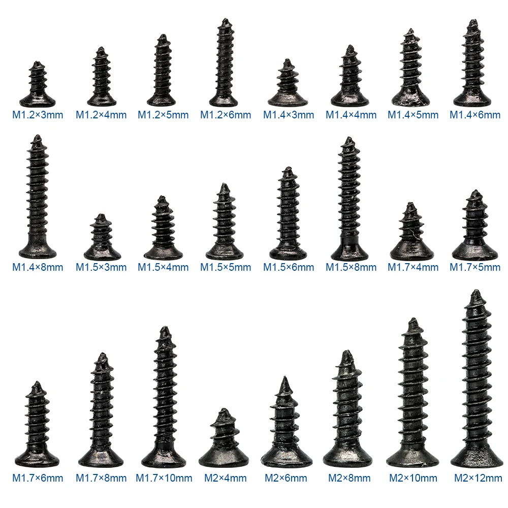 450/1200pcs Cross Flat Head Tapping Screws Kit M1.2 M1.4 M1.5 M1.7 M2 M2.3 M2.6 M3 Carbon Steel Black Phillips Screws Set