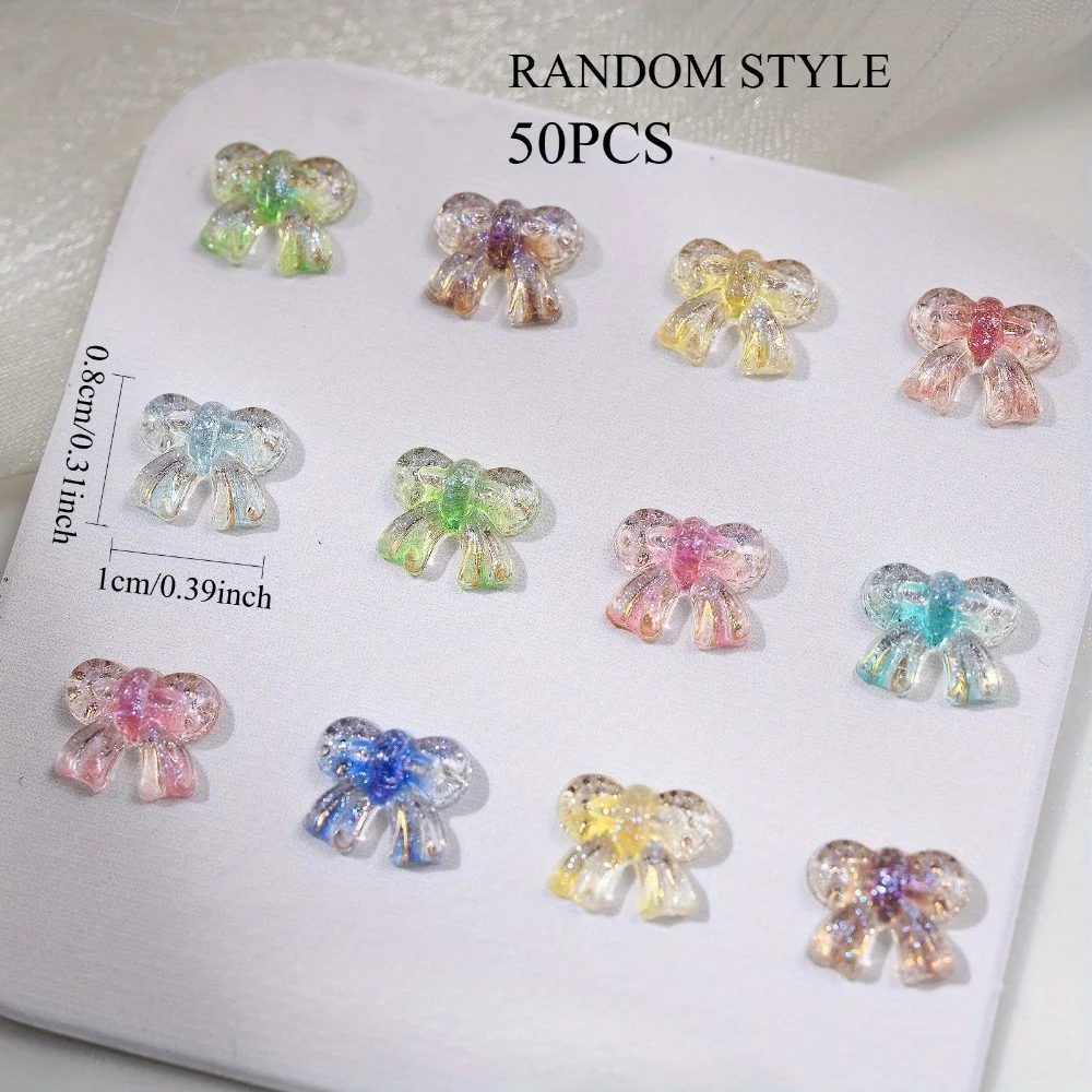 50pcs Ice Transparent Gold Bowtie Nail Art Accessories Cute 3D Acrylic Sparkling Ribbon Bow Diy Nail Hairpin Decor Accessory