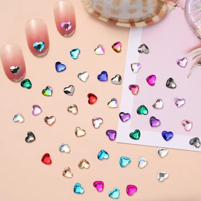 

YanRuo 100pcs 5.5x6mm Heart Colorful Crystal Glitter Glass Flatback DIY Beauty Accessories Rhinestones Nail Art Decorations