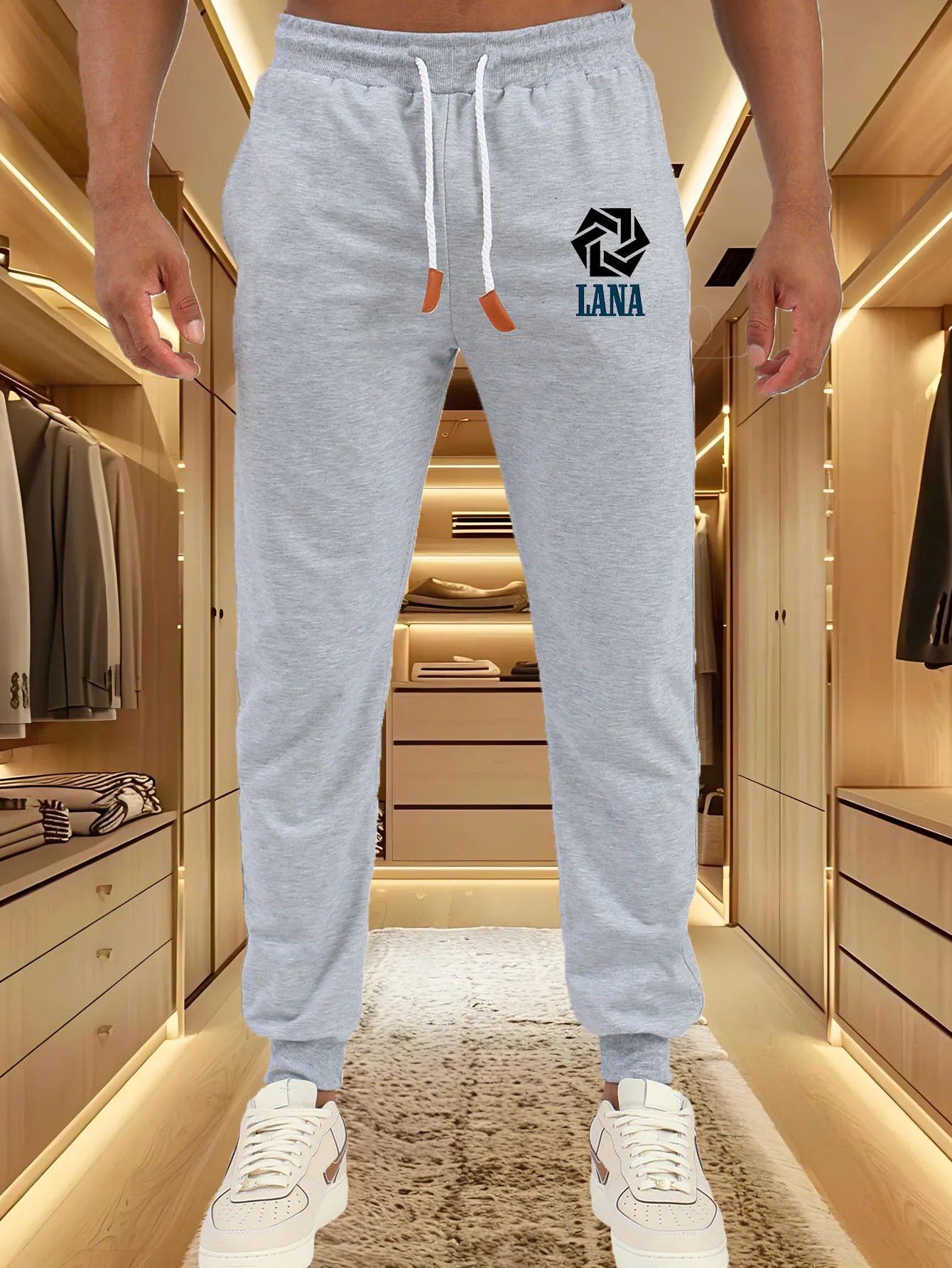 

Men Jogger Pants LANA Geometric Hexagon Logo Print Elastic Waist Drawstring Sweatpants Men Casual Streetwear Sports Trousers Wit