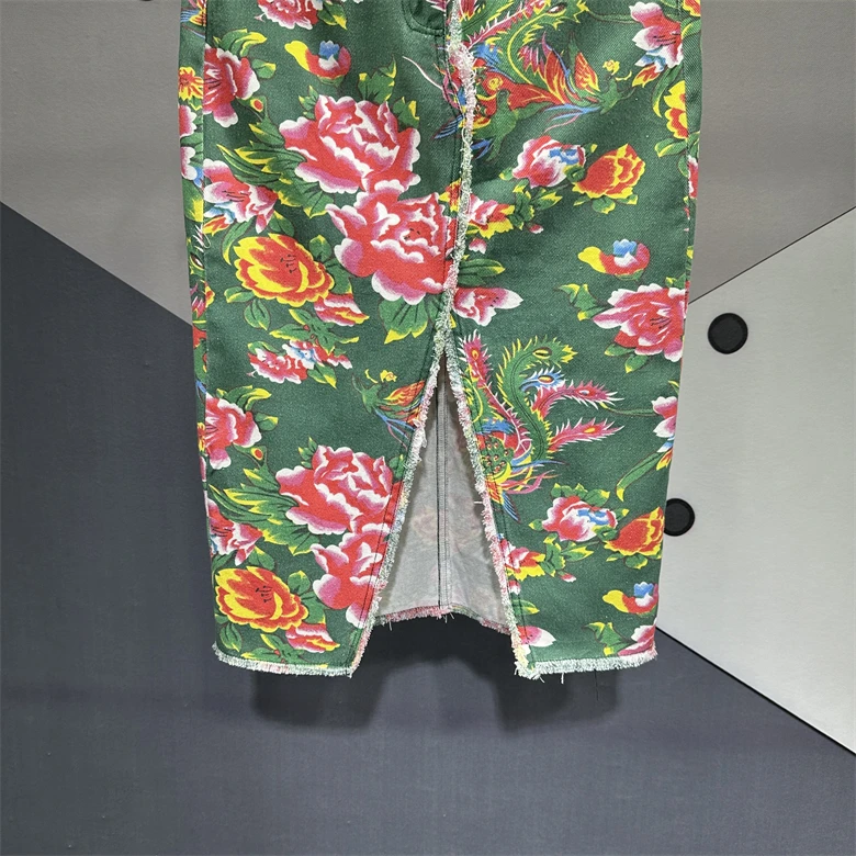 Jupe en jean midi décontractée à grandes fleurs pour femmes, taille haute, mince, gland, fente, mi-longue, jupes fourreau en jean, printemps, été, nouveau, 2024