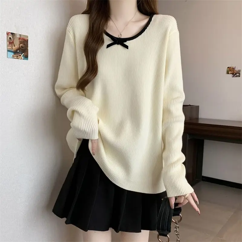 

Универсальные контрастные корейские топы с бантом в стиле пэчворк, весенне-осенние однотонные свободные трендовые футболки с длинными рукавами, модная женская одежда JJ1291