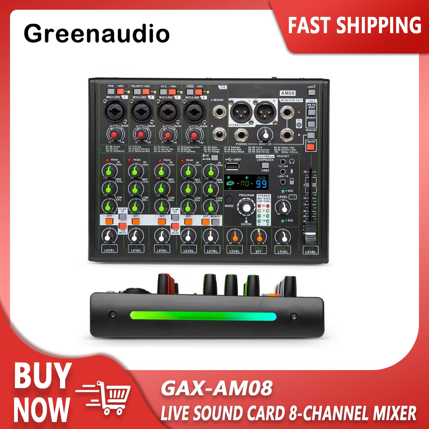 GAX-AM08 Professional Mixer ASIO Rack Post Mixing Recording Computer Mobile OTG Live Sound Card 8-Channel Mixing Console