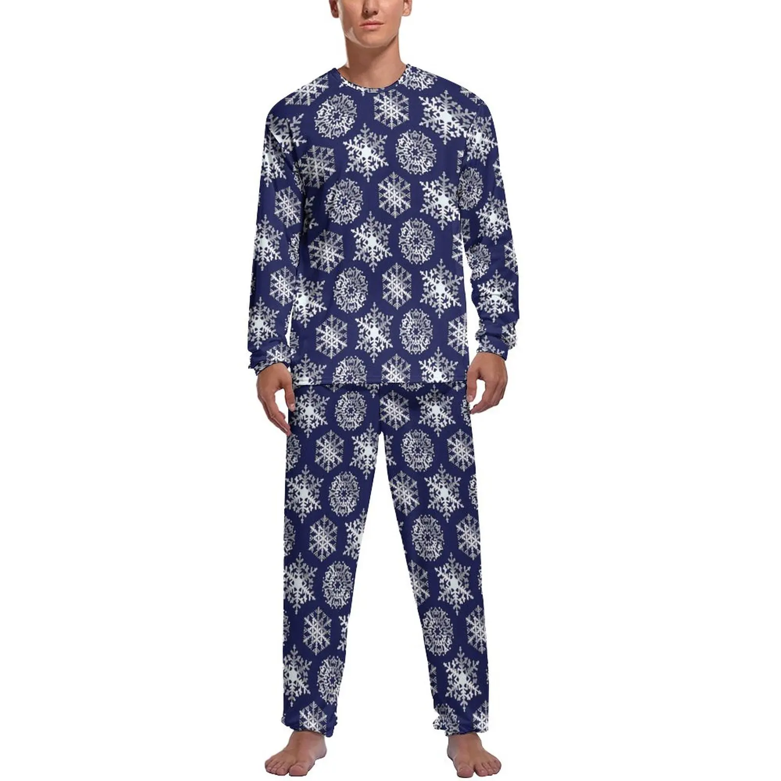 Floco de neve impressão pijamas azul e branco homem mangas compridas adorável conjuntos de pijama 2 peça quarto design diário casa terno presente aniversário