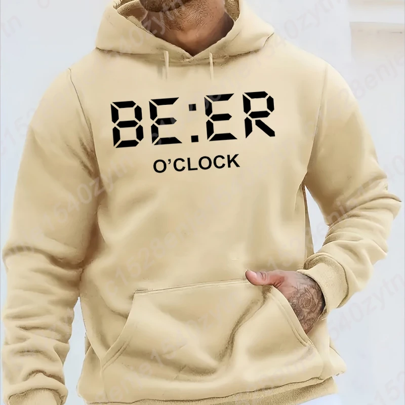 Cool Beer O'clock Print Hooded Hoodie Fashion Men Casual Autumn Winter Hooded Pullover Loose Solid Color Hoodies Men Sweatshirts