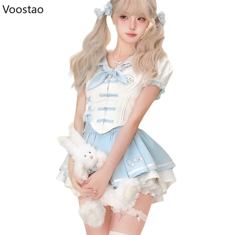 Preppy Style Sweet Lolita Skirt Set Women Cute Sailor Collar Cartoon Print Blouse Tops Mini Skirt Suit Female Korean Y2k Outfits