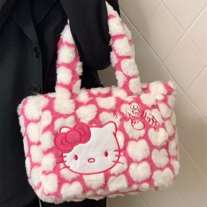 

Anime Cartoon Peripheral Plush Hello Kitty Winter Shoulder Handbag Trendy Women'S Bag Velvet Embroidery Sweet Style