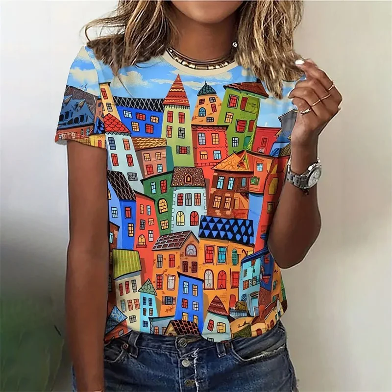 T-Shirt z nadrukiem 3D dla kobiet Cartoon Building Graphic Short Sleeves Casual Loose Oversized T Shirts Round Neck Tees