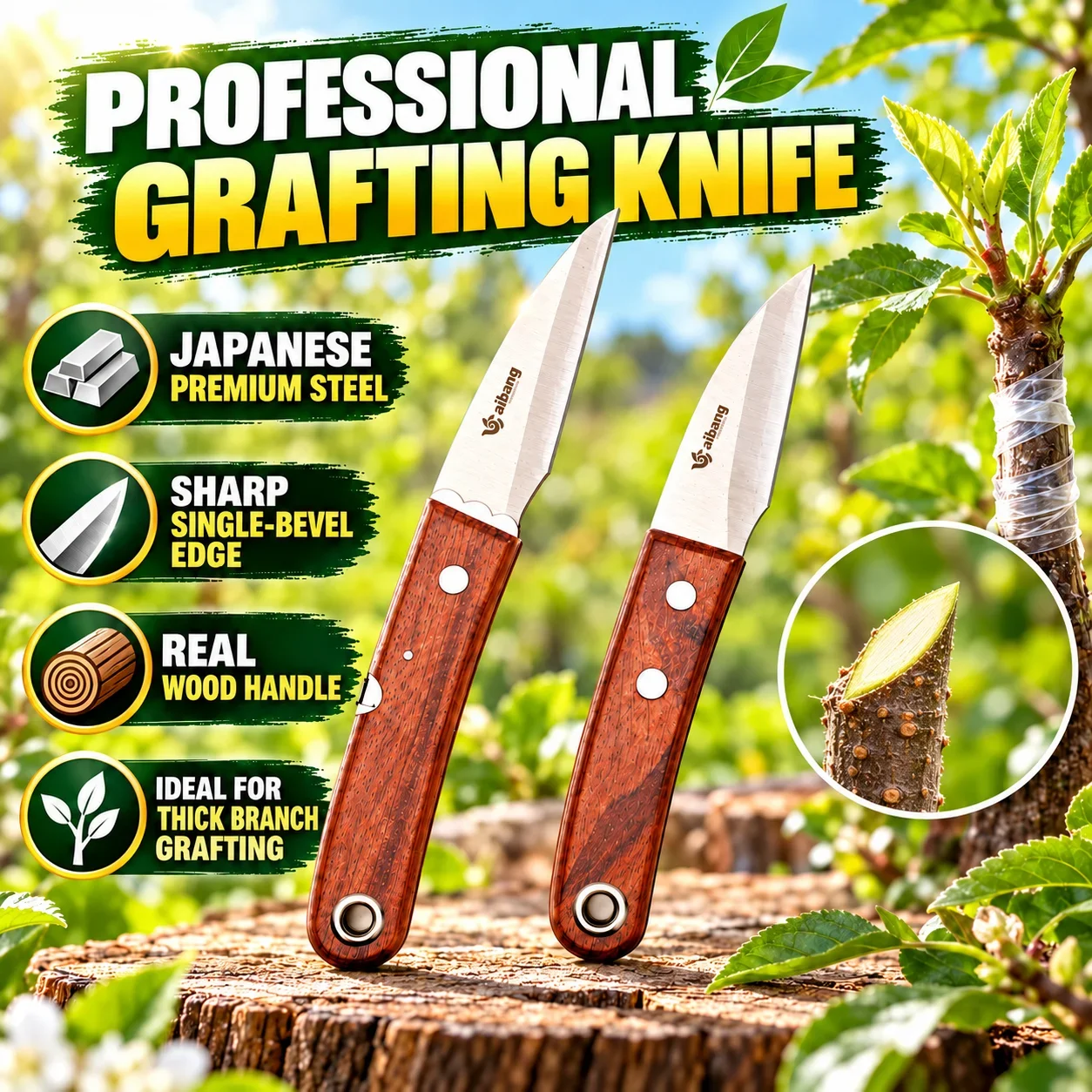 Professional Grafting Knife Japanese Premium Steel Single Bevel Sharp Blade Wood Handle Folding Fixed Fruit Tree Garden Pruning