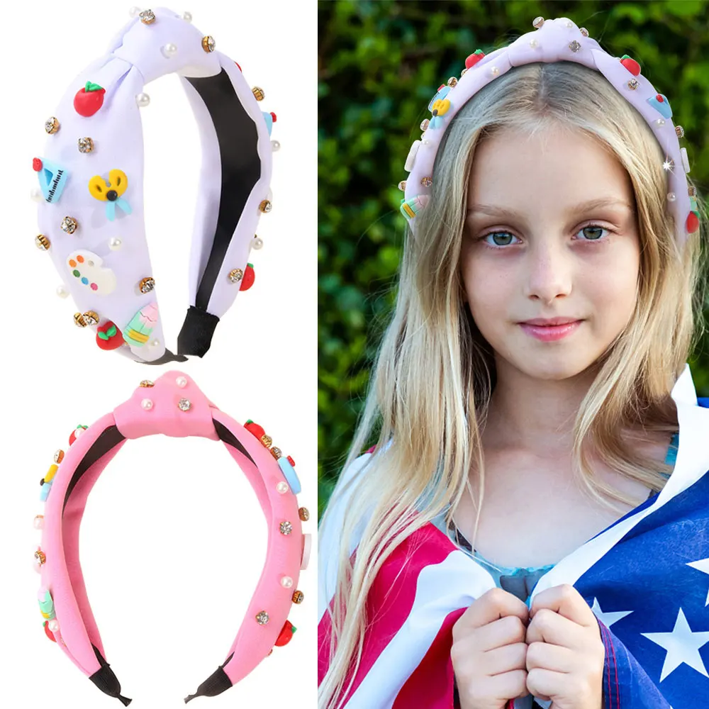 

Cute Pencil Apple Back To School Hairband Fashion Rhinestone Knot Headband Girls School Headwear Hair Accessories Kids Gift