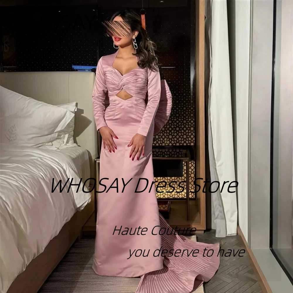 

WHOSAY Long Sleeves Evening Dresses Customized Big Bow Pleats Train Sexy Backless Prom Dress Sheath Saudi Party Gowns