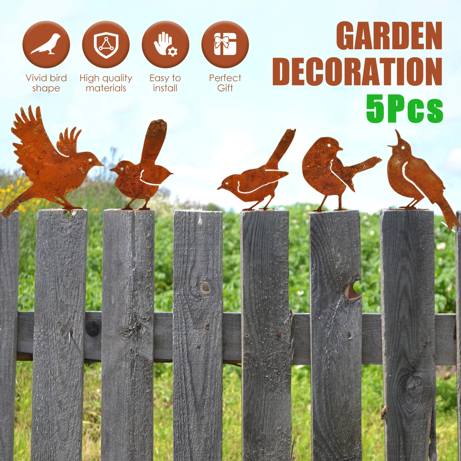 5Pcs/set Rusty Metal Bird Ornament Iron Crafts Bird Shaped Art Silhouette Sculpture for Outdoor Garden Fence Branches Gate Decor