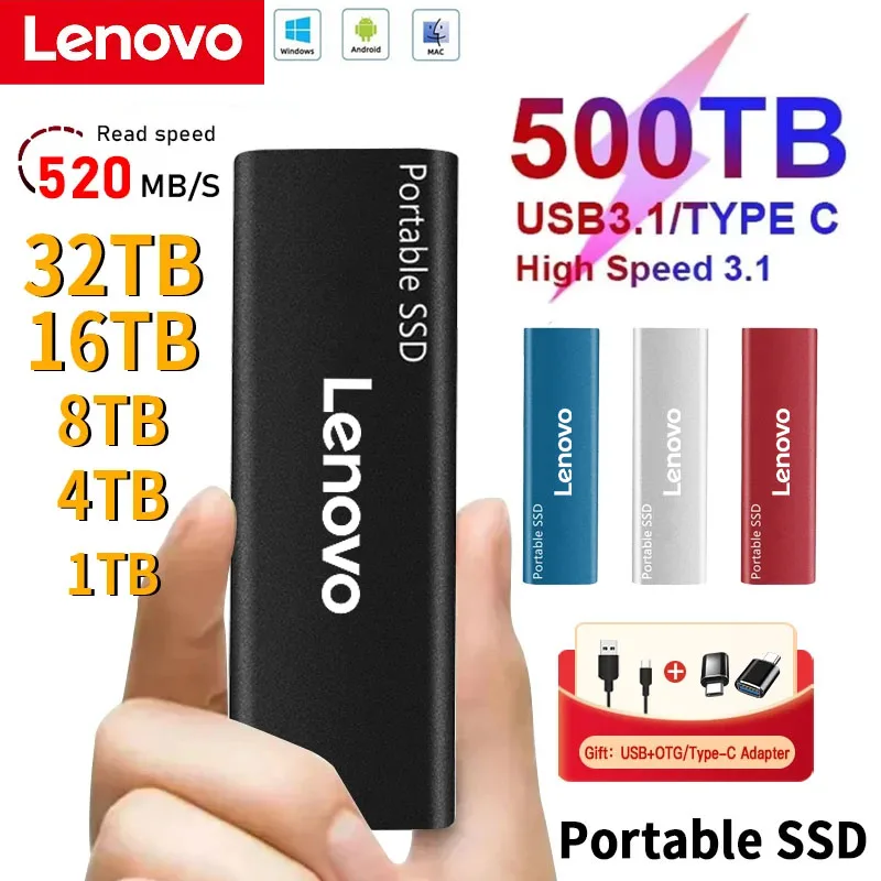 Lenovo-Disque dur externe SSD portable d'origine, disque SSD, USB 3.1, 1 To, 2 To, adapté pour ordinateur portable, ordinateur de bureau, Mac, téléphones