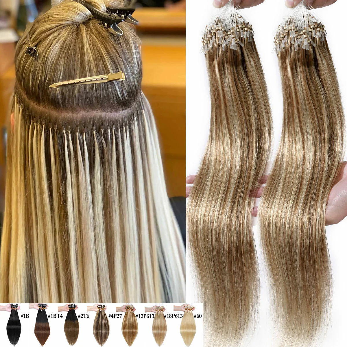 

Straight 100% Human Hair Micro Loop Ring Extensions Hair Weft Pre-looped Tips With Silicone Rings Colors 1B Off Black To #613 B