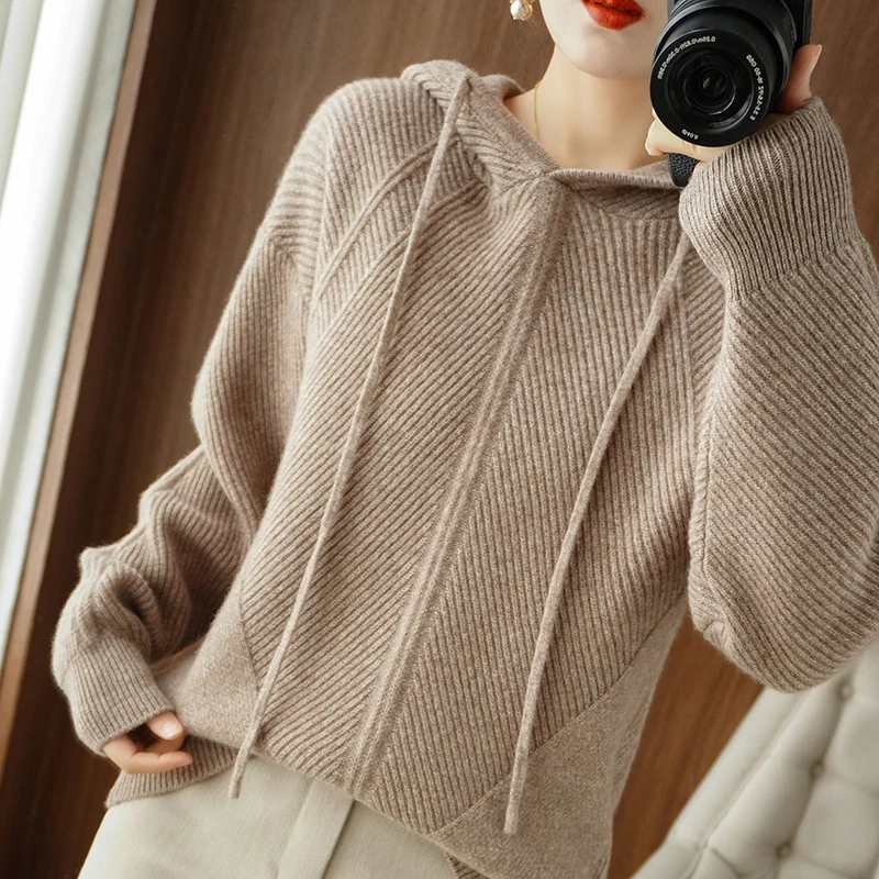 Autumn And Winter New Cashmere Sweater Women's Hooded Loose Jacquard Casual Foreign Style Thickened Pure Wool Knitted Top Trendy