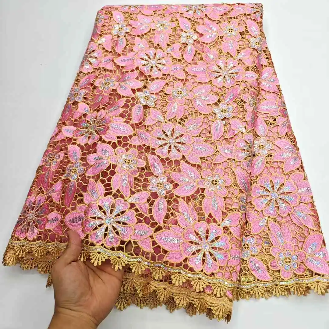 

Guipure Cord Lace Fabric with Sequins 2025 High Quality African Water Souble Lace Fabric For Women Wedding Party Dress Sewing