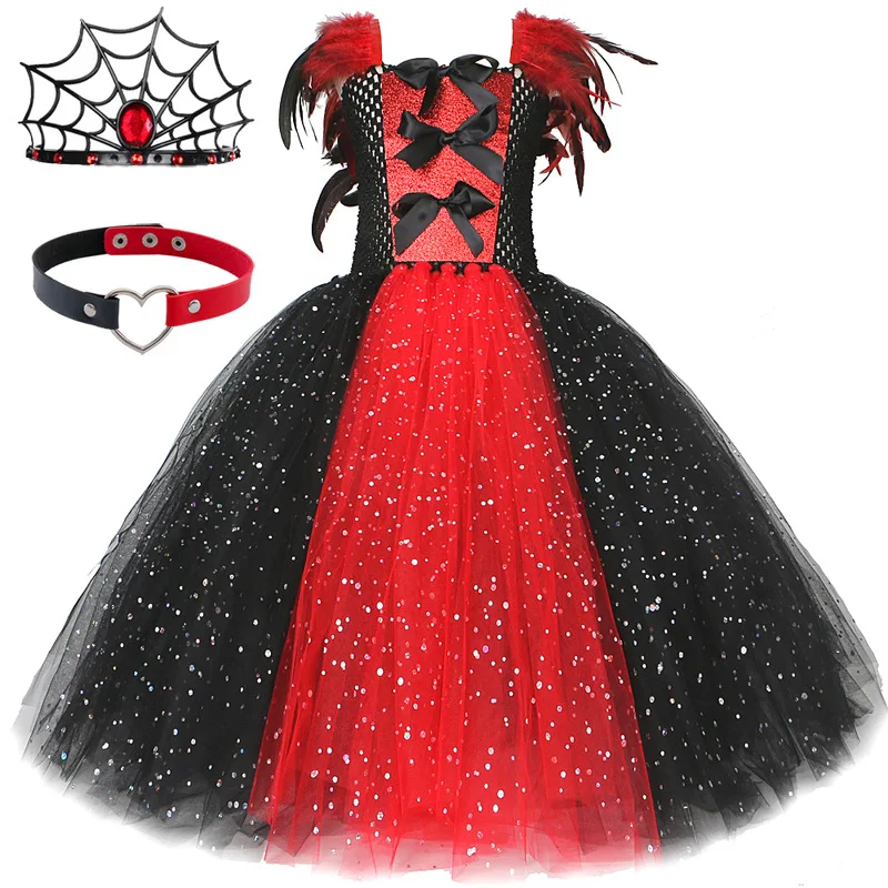 Halloween Witch Black Red Sequin Long Tulle Dress Girls Feather Decor Mesh Tutu Skirt Children Stage Performance Sparkly Outfit