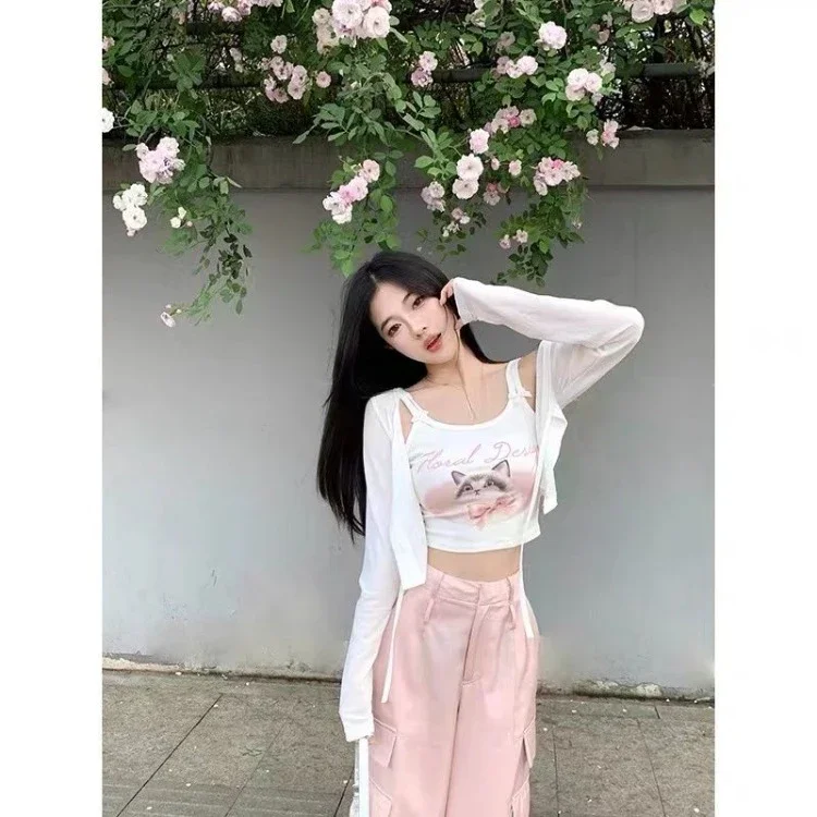 2024 Summer Sweet Slim Fit Long Sleeve Cardigans Mujer+ E-Girl Kawaii Cat Print Bow Vest for Women Y2k Grunge Two Piece Sets
