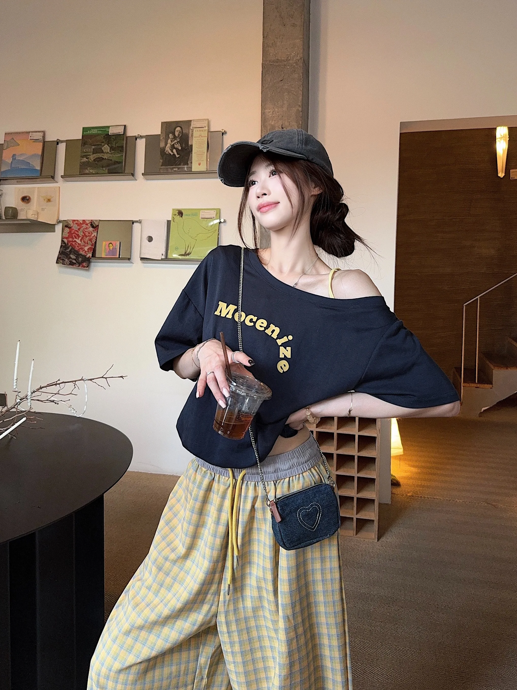 

Casual Two-Piece Set Letter Print Short Sleeve T-Shirt Women Summer Plaid Elastic Waist Wide Leg Pants Comfortable Fashion