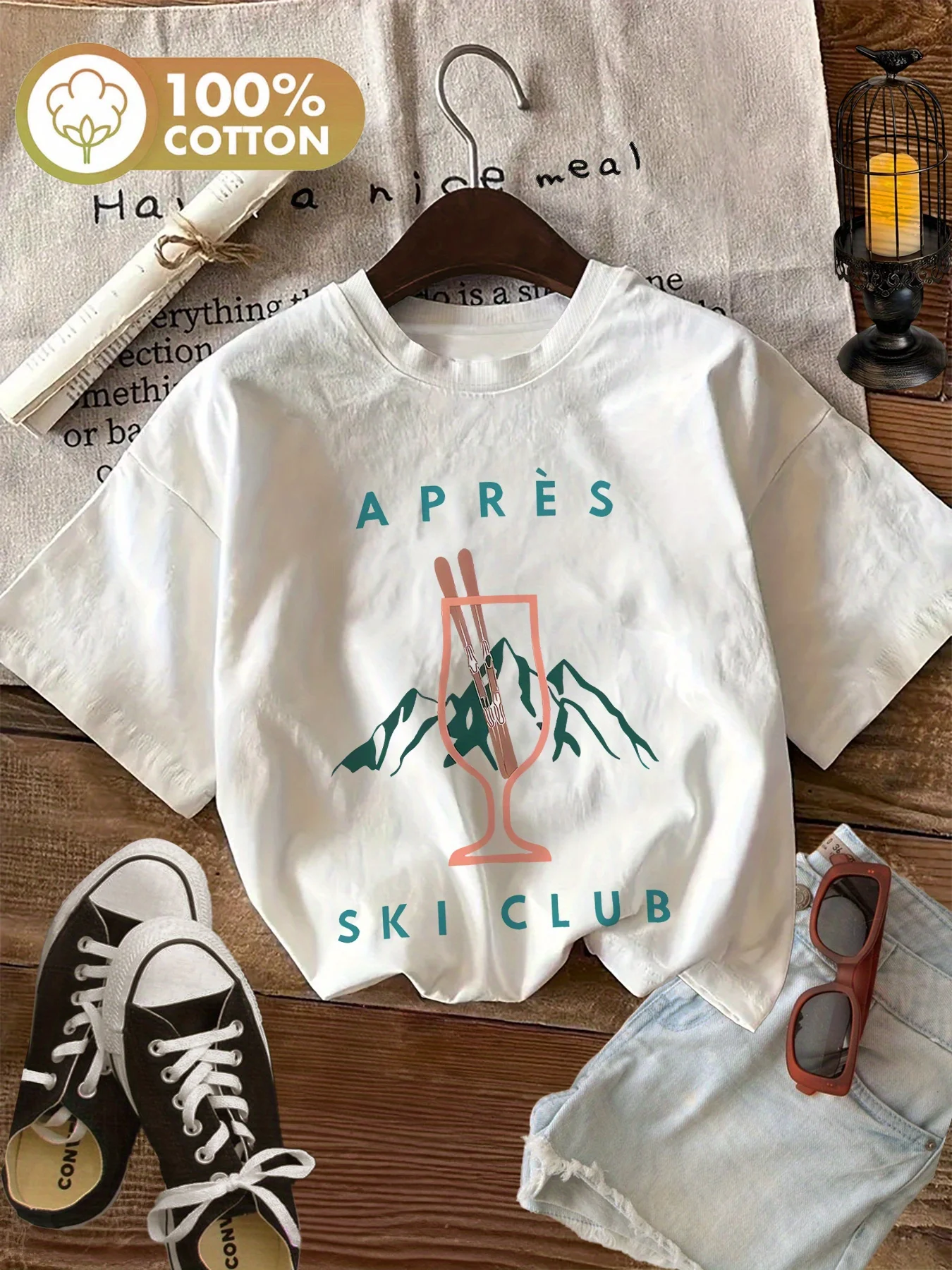 Vintage Après SKI CLUB Minimalist Mountain Ski Print Women T-shirt Cotton Shirt Short Sleeve Casual Graphic Top Female Clothing