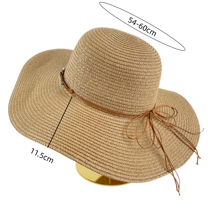 Large Brim Foldable Straw Hat, Breathable and Not Stuffy, Made of Natural Straw Material + Beaded Decoration, Vintage yet Fresh, Suitable for Summer Beach Vacations and Sun Protection