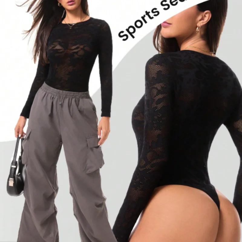 

Однотонная кружевная сексуальная женская облегающая одежда, очаровательная облегающая дышащая женская одежда с длинными рукавами для йоги