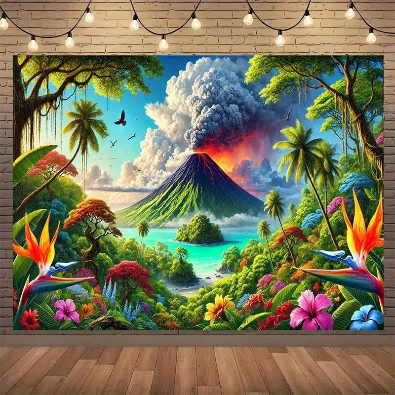 A volcanic island set against the backdrop of a tropical rainforest, as a decorative element for home decoration.
