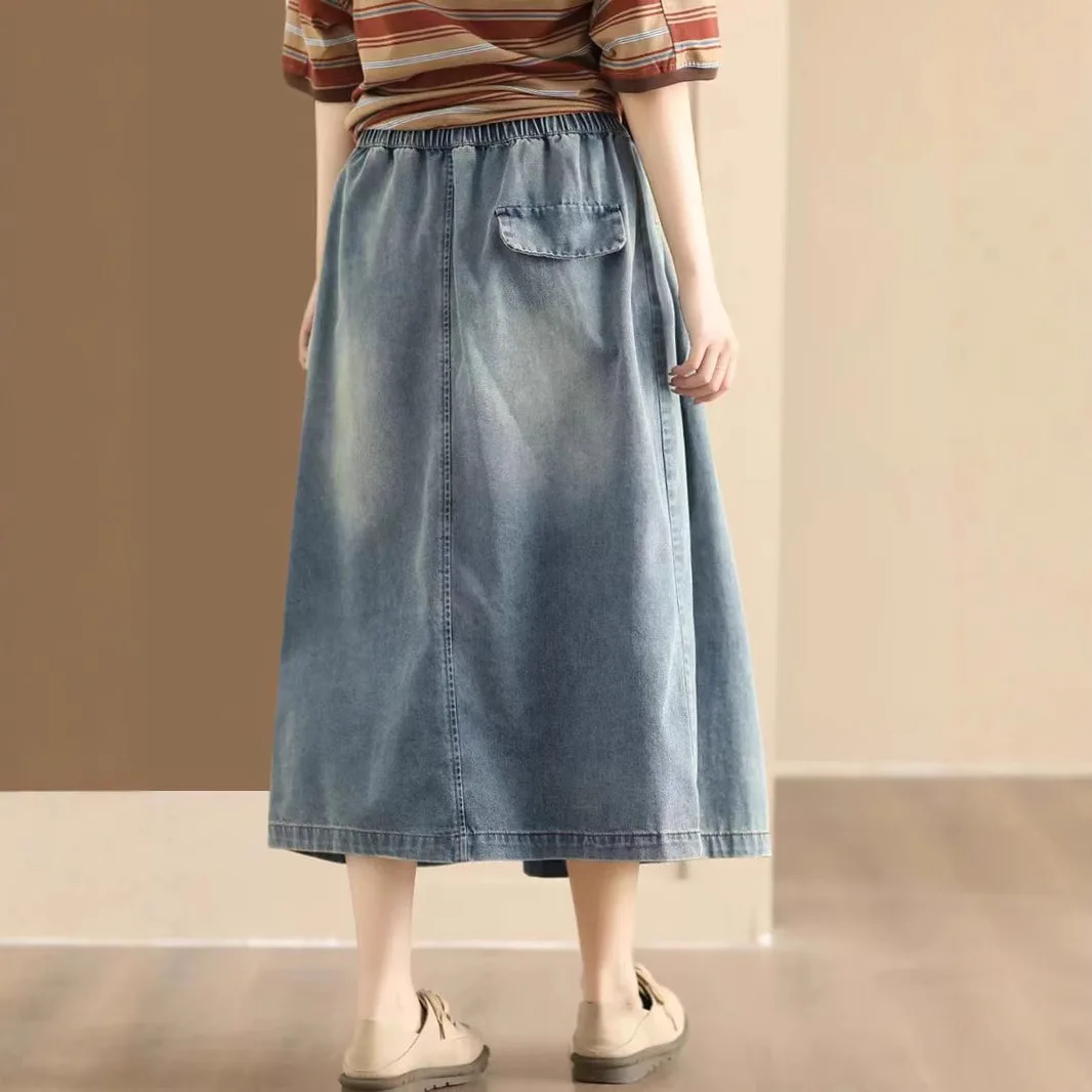 Spring Summer New Fashion Denim Skirt for Women Japan Style Harajuku Elastic Waist Solid Color Vintage Loose Casual A-line Dress