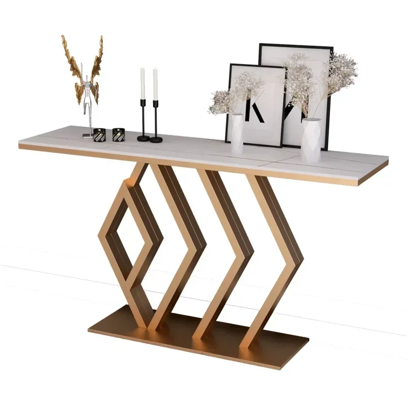 Table Console Carrée Dorée en Acier Inoxydable, Meubles Longs de Salon