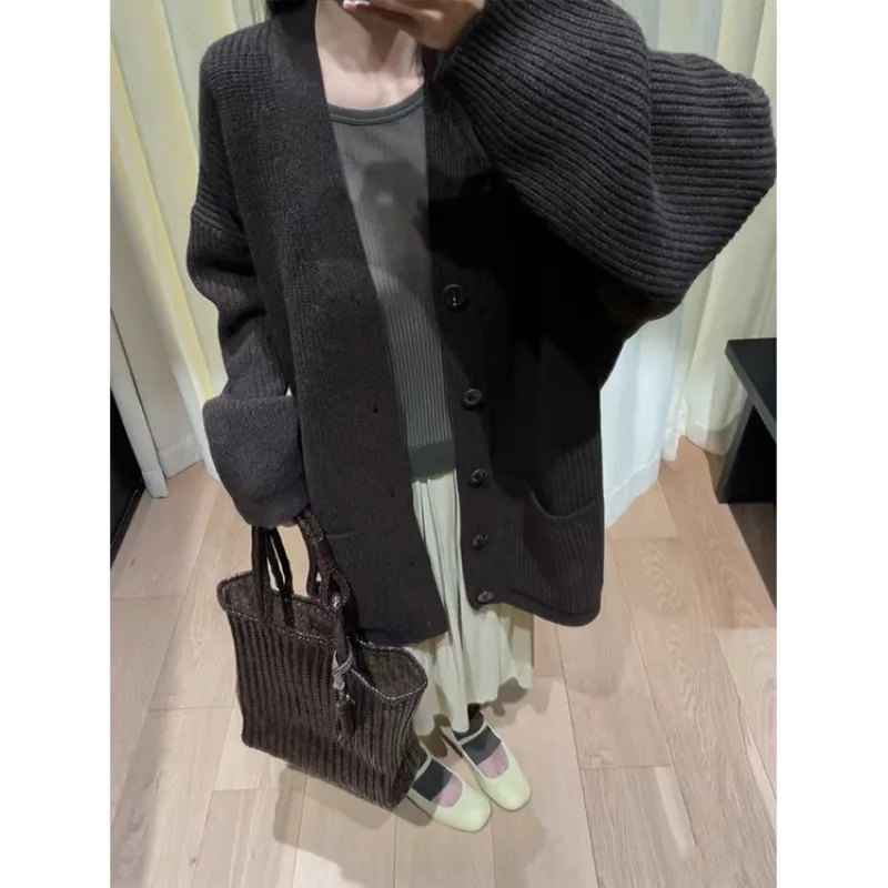 Autumn and Winter New Gray Dense Light Coat Wool Mid-length Sweater Women Cardigan