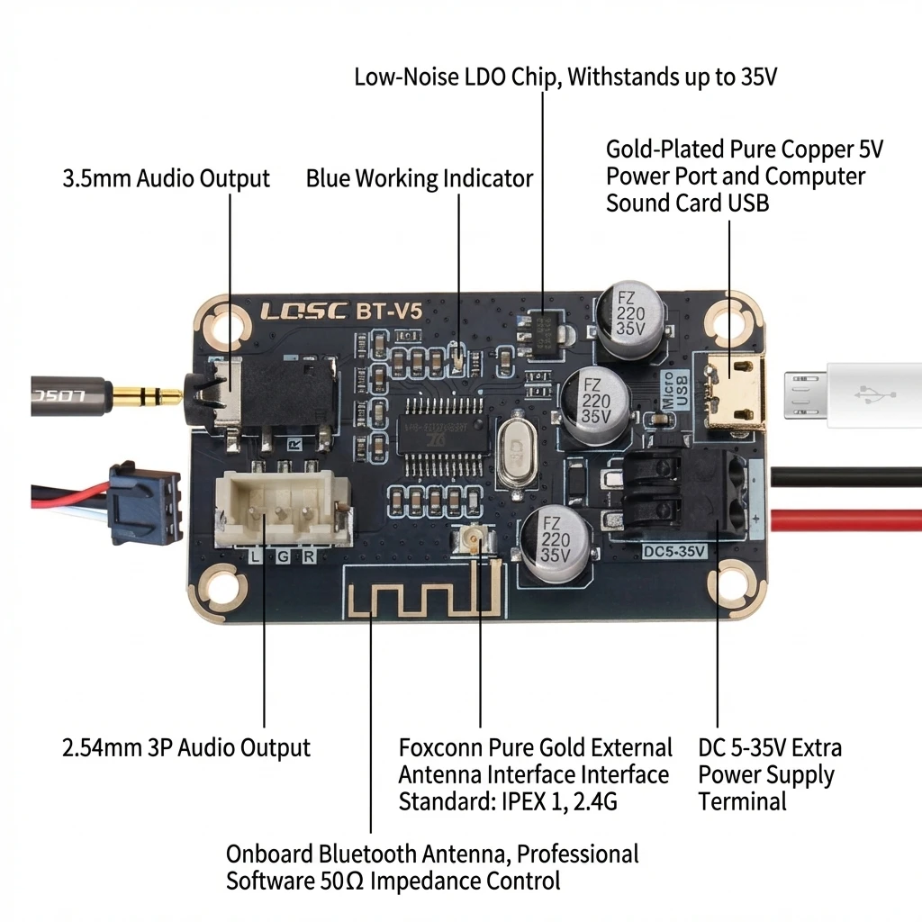Bluetooth 5.1 Audio Receiver Decoder Board DC 5V-35V USB Sound Card 3.5mm AUX Output Car Speaker Amplifier Module