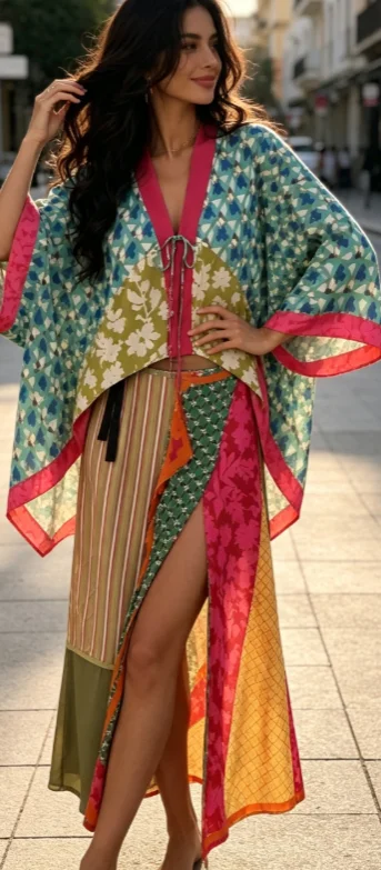 Boho Patchwork Print 2 Piece Set Women's Kimono Sleeve Tie Front Top Wrap Maxi Skirt 2026 Beach Holiday Bohemian Matching Outfit