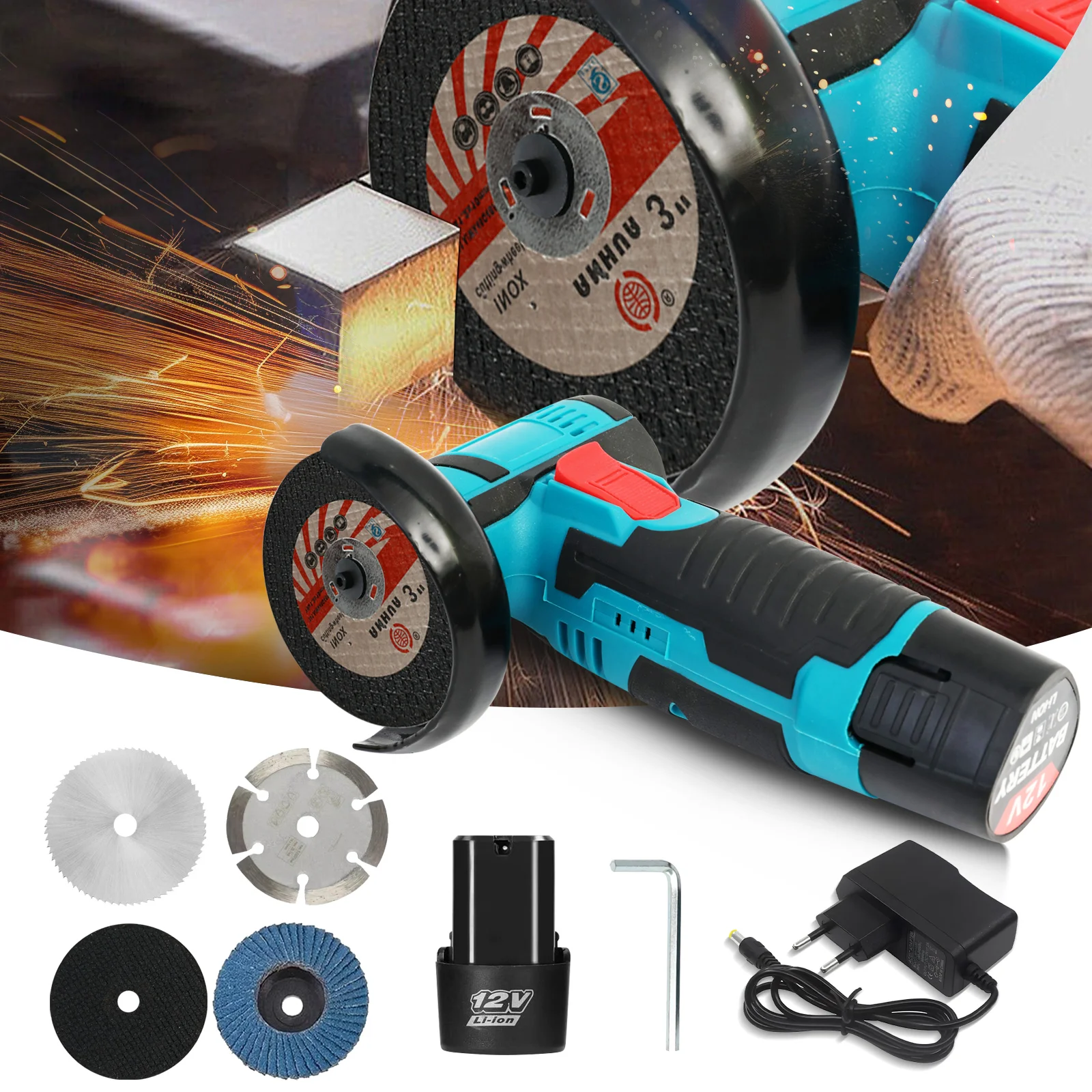 Angle Grinder Cordless Grinder Car Polisher Electric Brushless 12V 16800RPM 5 Discs with 2 Battery 2.0Ah n Charger Strong Power