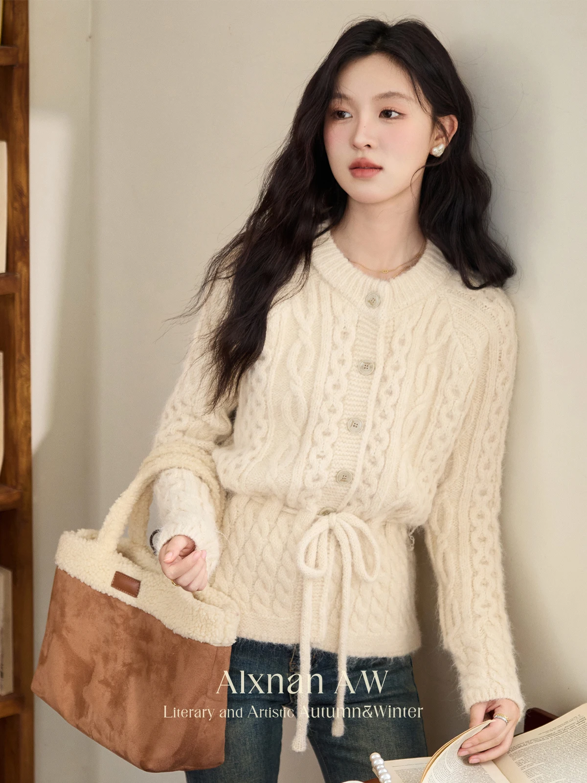 ALXNAN-cárdigan de lana de albaricoque para mujer, suéter holgado con cuello redondo, suéter de otoño e invierno, nuevo cárdigan de punto de manga larga para mujer L51903