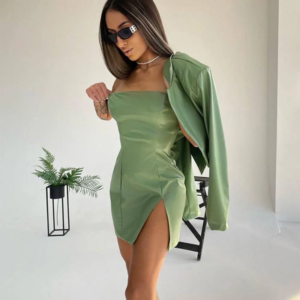 Luxury PU Leather Bodycon Dresses + Long Sleeve Short Jacket Coat Sexy Night Club Outfit Dress Elegant sets for women 2 pieces