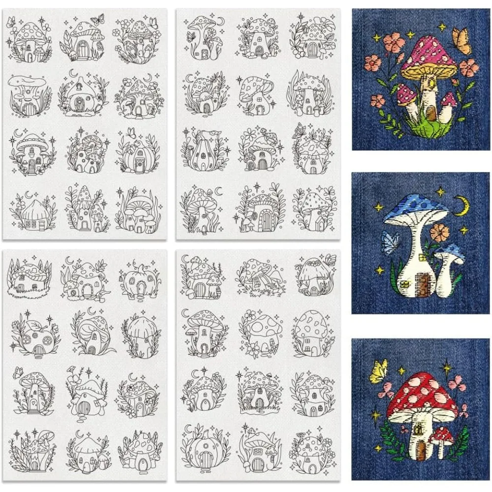 4Sheets 48Pcs Mushroom Hut Water Soluble Embroidery 11.7x8.3inch Stick and Stitch Embroidery Paper Stabilizer Water Soluble