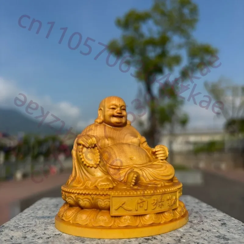 Hand-Carved Boxwood Maitreya Buddha Statue - 3.9