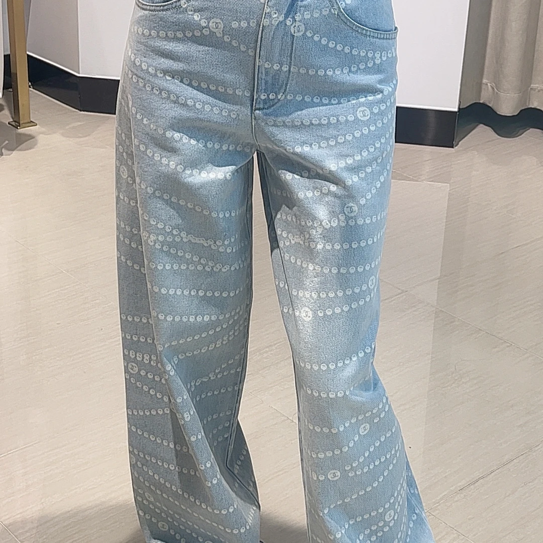 

Casual High Waist Laser Print Loose Wide Leg Jeans Slimming Long Pants Women's Summer Faion High Waist Zipper Sle