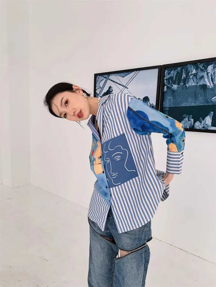 Korobov New Vintage Blouses Oil Print Patchwork Striped Asymmetrical Tops Mujer Long Sleeve Shirts for Women Camisas E Blusas