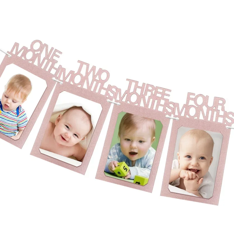 Newborn 13 Photo Frames Banner Glitter Paper Rose Gold ONE Love Photo Frame Banner One 1st Happy Baby Girl Birthday party Decor