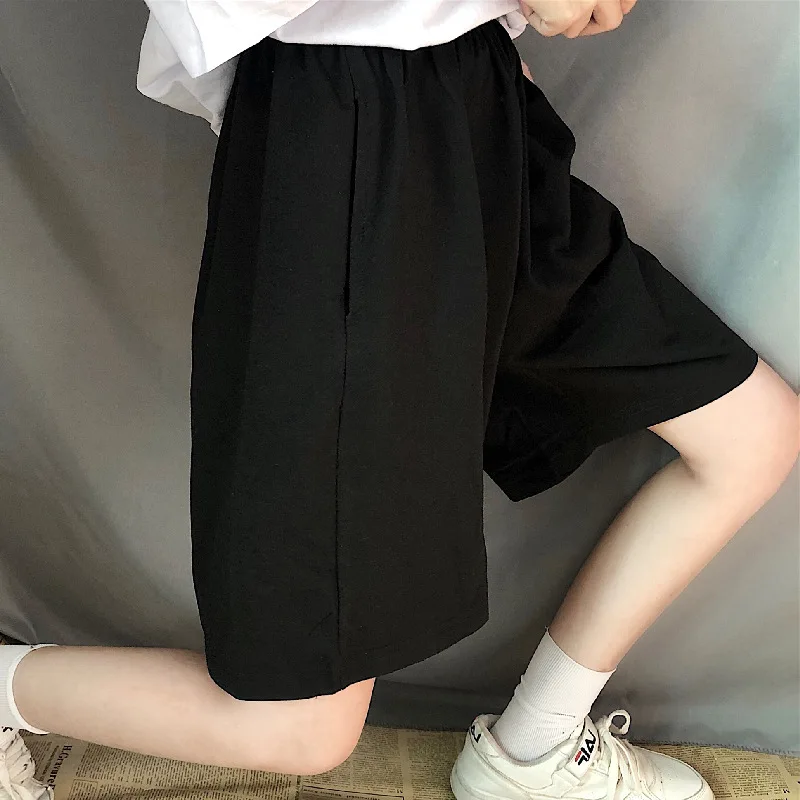 Verão cinza shorts feminino moda senhoras cintura elástica calças curtas streetwear de cintura alta ampla perna oversize simples unisex curto