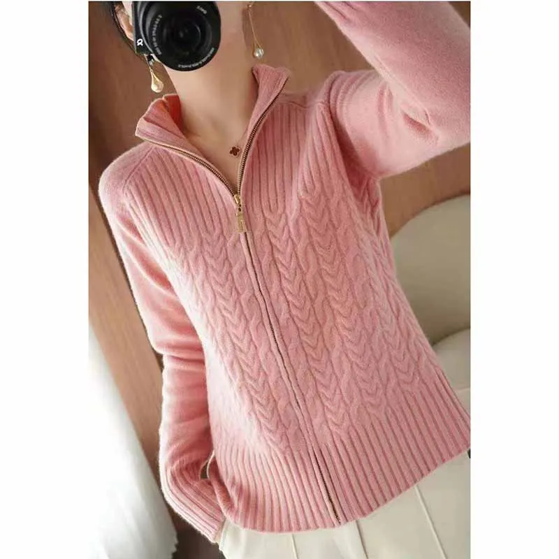 Female Spring Autumn New Fashion Zipper Knitted Cardigan Sweater Coat Lady Short Half High Collar Loose Fit Autumn Cardigan Knit