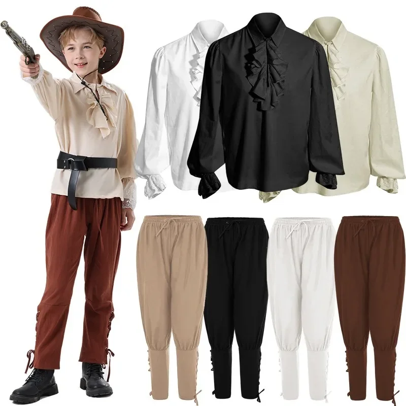 

Christmas Mens Medieval Shirts Poet's Renaissance Cosplay Costume Viking Pirate Captain Lace Up Ruffle Tops Sand Collar Suit