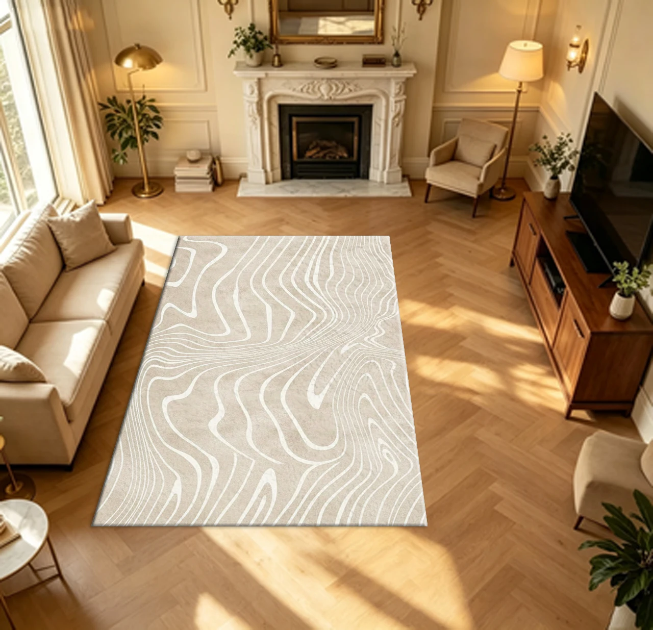 Beige Contour Wave Line Carpet Flooring Minimalist Abstract Large Area Rug for Modern Home Styling
