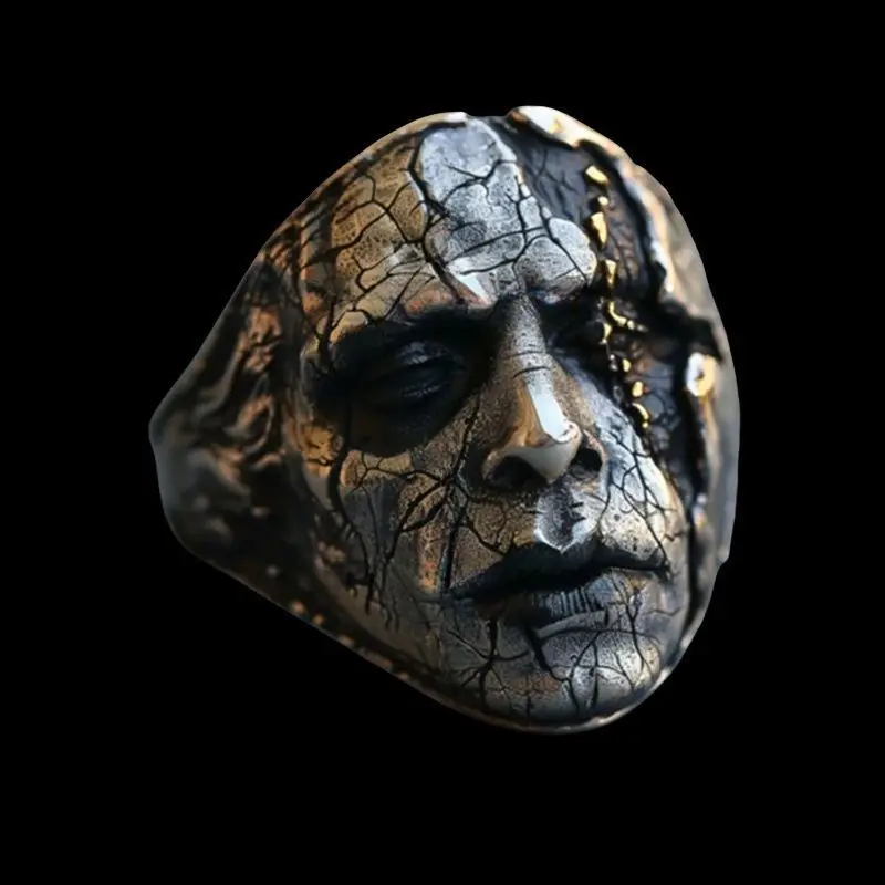Europe andAmerica Terror Expressions Ruptured Human Face Clown Ring Men Eye-catching Halloween Ring Hip-hop Fashion Rock Parties