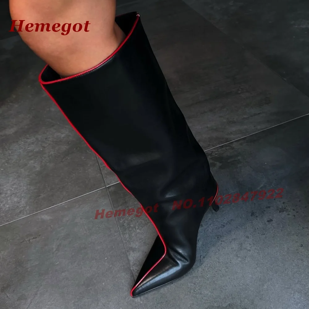 Black Faux Leather Knee High Boots Red Contrast Piping Pointed Toe Stiletto High Heel Women's Boots Kitten Heels Runway Shoes