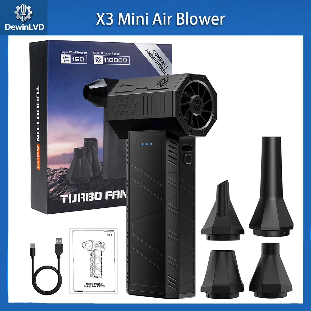 

X3Mini Rechargeable Air Blower With 4 Nozzle 110000RPM Turbo Fan Blower Brushless Turbo Jet Fan Air Compressor For Dust Cleaning