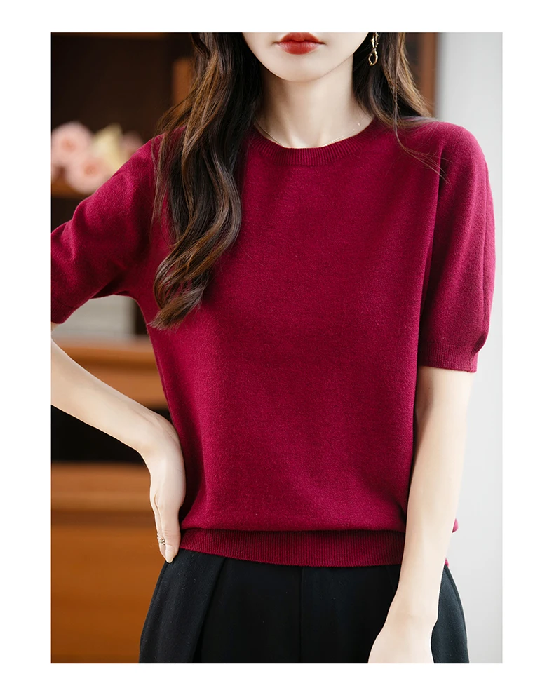 First-Line Ready-To-Wear Sweater Women's 100 Pure Wool Knitted Short-Sleeved T-Shirt Round Neck Thin Sweater Loose Half-Sleeve